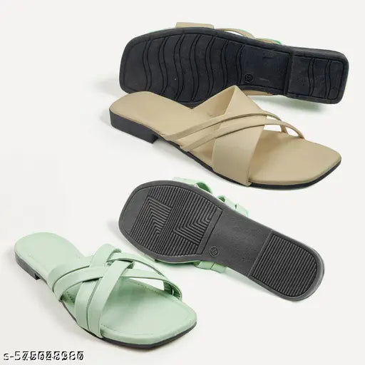 Mint Green & Beige Cross Strap Sandals – Stylish Slip-On Footwear