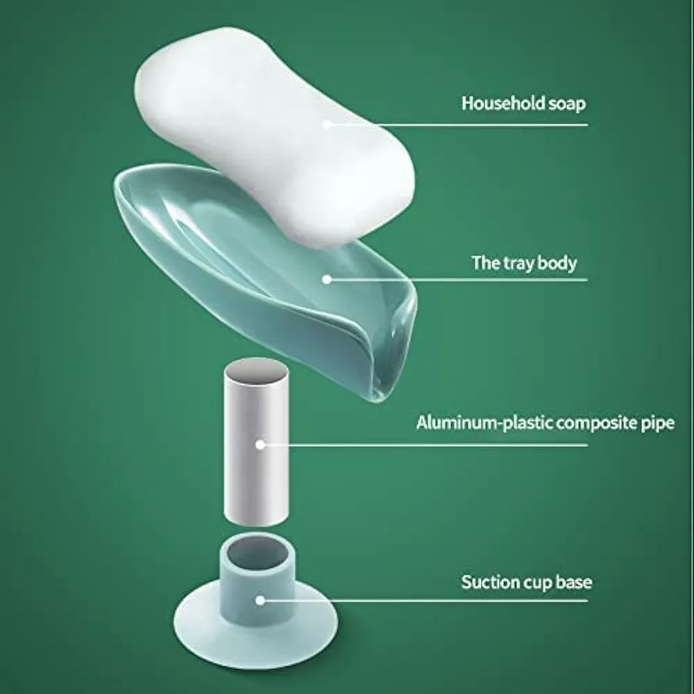 Six Sigma Leaf-Shape Self Draining Soap Dish Holder, Easy Clean Soap Dish for Shower with Suction Cup Creative soap Box, for Bathroom, Kitchen, Bathtub, Wash basins