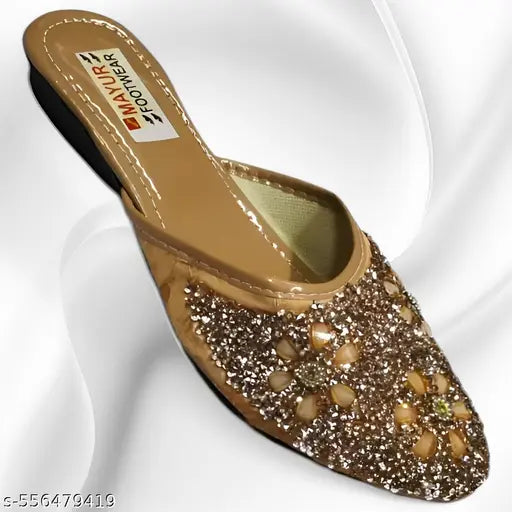 Stylish Glitter Embellished Floral Juttis for Women | Party Wear Slip-On Ethnic Flats | Fancy Wedding & Festival Footwear for Girls | Comfortable Sparkly Traditional Mojaris