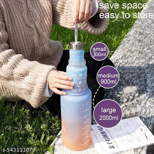 Motivational Water Bottle Set of 3 Pcs Time Marker with Straw, Unbreakable Leakproof BPA free Non-toxic Sipper Bottle for Office, Sports, Gym, School (Multi Pack)