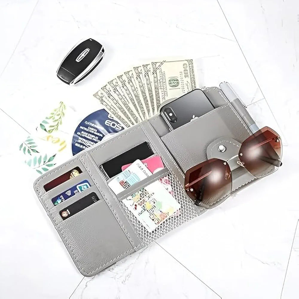 Car Sun Visor Organizer – PU Leather Multi-Pocket Storage Holder for Sunglasses, Cards, Pens & Documents – Universal Fit with Zipper Pouch, Mesh Slot & Secure Strap