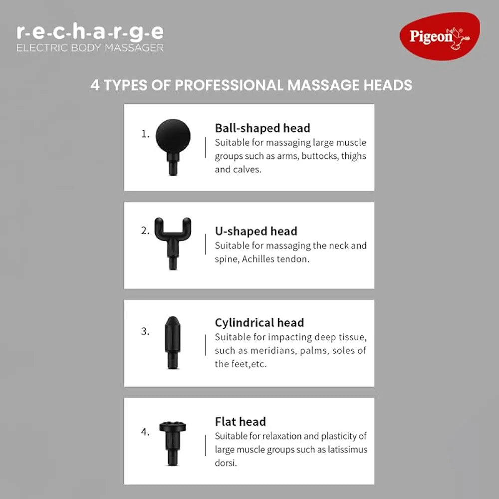 Pigeon Pulse Gun Massager With Digital Display,4 Heads,6 Speed,Rechargeable,Handheld,Percussion Muscle For Full Body Pain Relief,Muscle Relaxation Of Neck,Shoulder,Back,Foot For Unisex