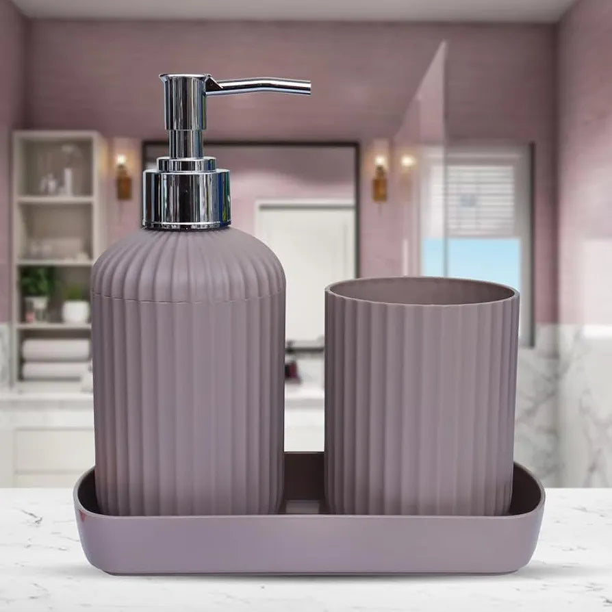 SKADIOO 3-Piece Soap Dispenser Set for Bathroom – Soap Dispenser for Wash Basin, Toothbrush Holder, Vanity Tray & Countertop Organizer for Modern Bathroom Décor & Sink Storage