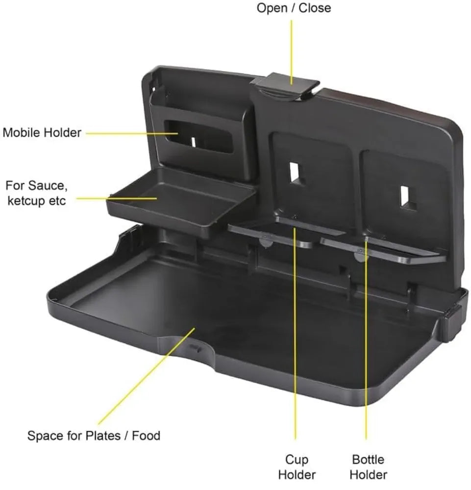 Car Back Seat Tray Table with Phone Holder, Cup Holder, Food Plate Space, Black, Foldable