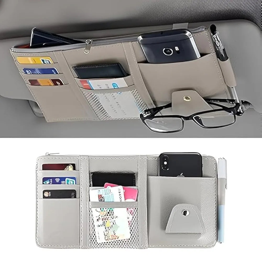 Car Sun Visor Organizer – PU Leather Multi-Pocket Storage Holder for Sunglasses, Cards, Pens & Documents – Universal Fit with Zipper Pouch, Mesh Slot & Secure Strap