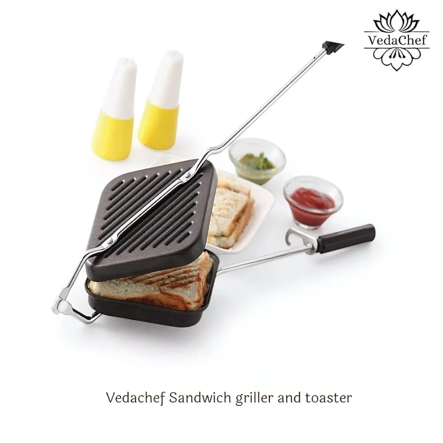 VedaChef Premium Non-Stick Grill Sandwich Toaster - Make Delicious Sandwiches in minutes | Long-lasting double-coating non-stick layer | sandwich griller and toaster | Easy-to-Use & Durable | Black