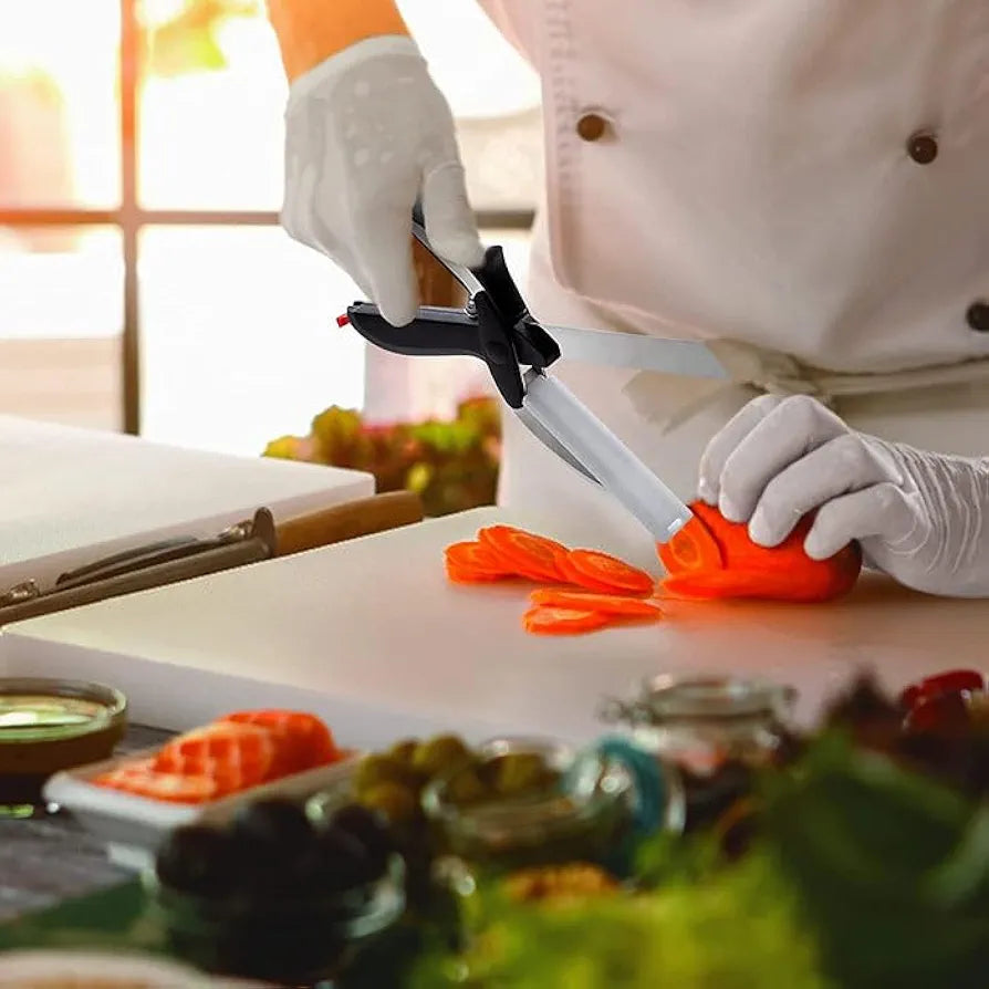 RaytronPlus Clever Cutter 2-in-1 Food Chopper, Slicer & Dicer | Vegetable & Fruit Cutter | Kitchen Scissors with Board | Multipurpose Cutter for Salad, Veggies, Fruits & Meat | Stainless Steel Blade