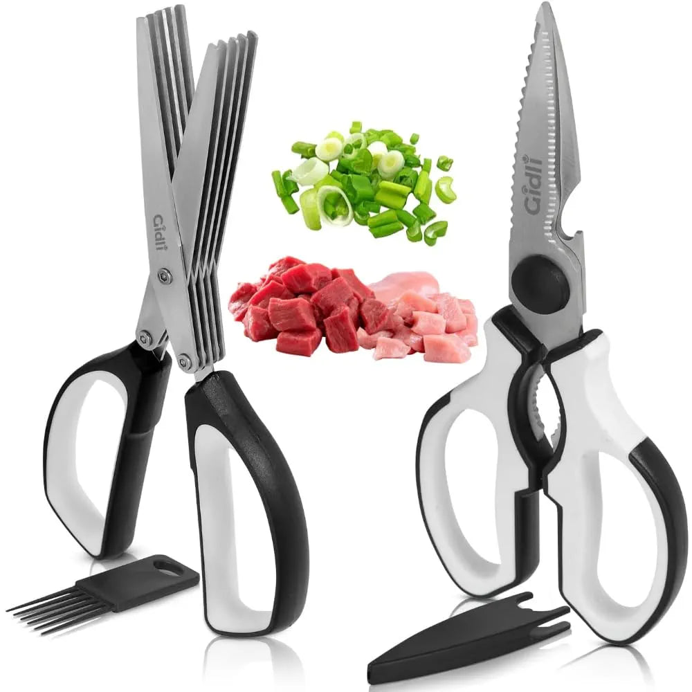Gidli - Kitchen scissors - Includes herb scissors as bonus - sturdy and ultra-quiet stainless steel multi-function scissors