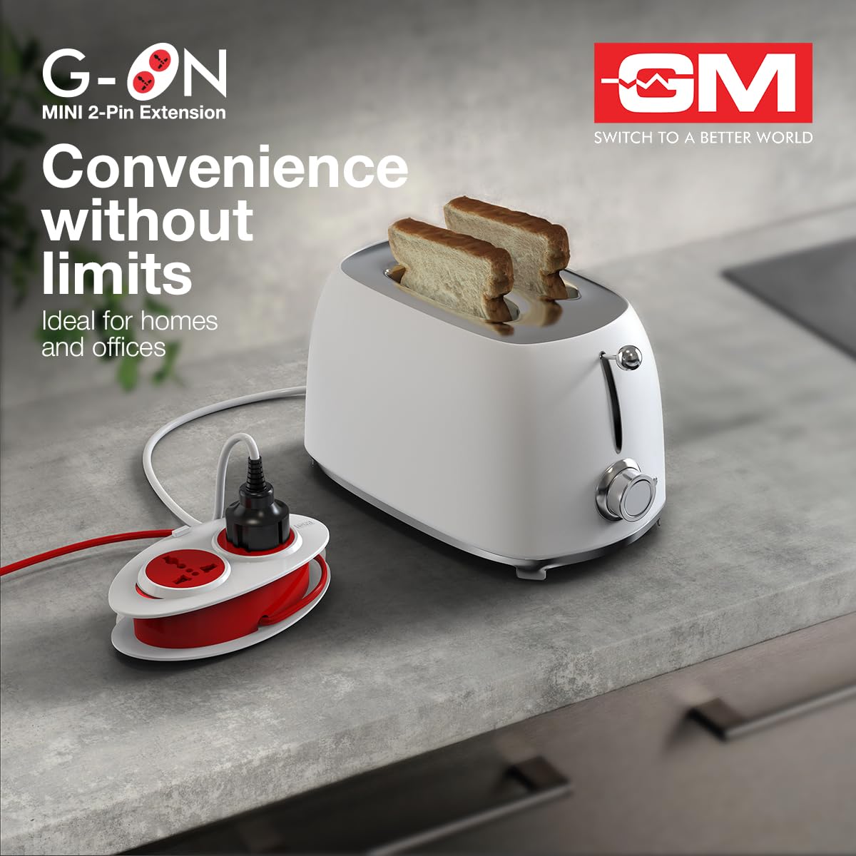 GM 3206 G-On Extension Board with 2 International Sockets | 2.5M Extension Cord | Dual-Tone Design | Child Safety Shutters | Compact & Travel-Friendly | 240V Power for Laptops, Phones & More