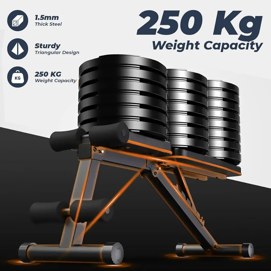 Flexnest Commercial Grade Adjustable And Foldable Gym Bench Incline,Decline & Flat 250 Kg Capacity Fitness Gym Bench with Resistance Ropes For Home Workout,Premium Leather Adjustable Multi-Purpose Machine