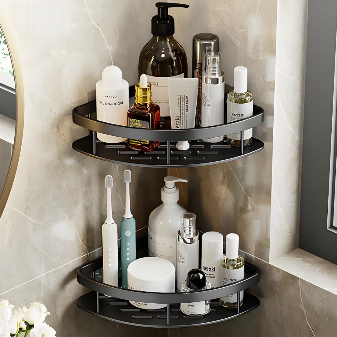 VELVYT LIVING VELVET LIFE Aluminium Bathroom Shelves, Bathroom Organiser Without Drill, Self-Adhesive Multipurpose Wall Mounted Bathroom Shelf & Kitchen Organizer, Bathroom Rack (Pack of 2, Gold)