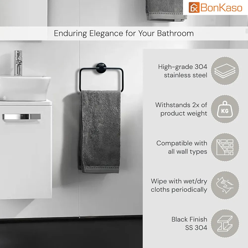 BonKaso 304 Stainless Steel Square Towel Ring – Rustproof Wall Mounted Napkin & Hand Towel Holder for Bathroom, Kitchen & Wash Basin | Space-Saving Modern Design | Matte Black Finish
