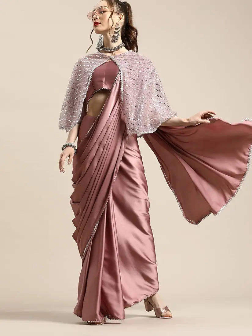 Womanista Women's Satin Saree with Embellished Cape