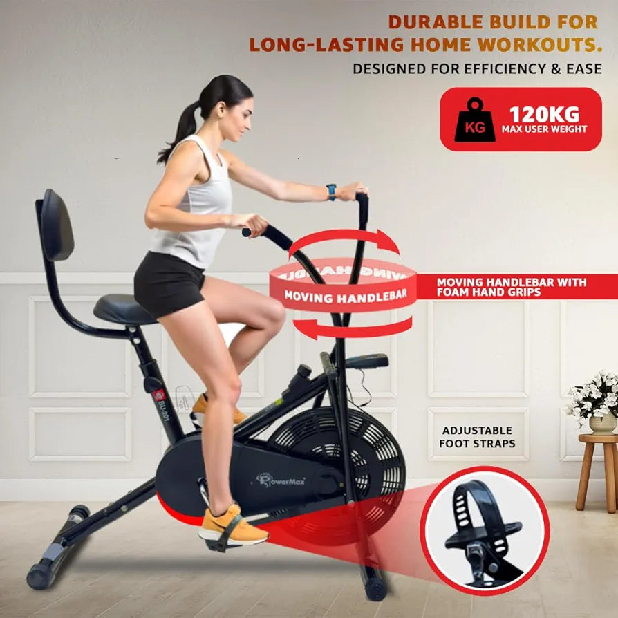 PowerMax Fitness BU-201 Dual Action Air Bike/Exercise Bike for Home |Gym Cycle for Workout With Adjustable Cushioned Seat | Non-Slip Pedals | Moving Handles Black Gym Bike, Max user weight 120 KG