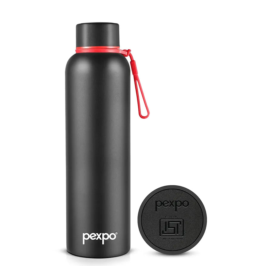 Pexpo Bravo ISI Certified Stainless Steel Water Bottle 700ml, Vacuum Insulated Hot & Cold Flask - Knight Black, Ideal for Home, Office, Gym, Outings, and School