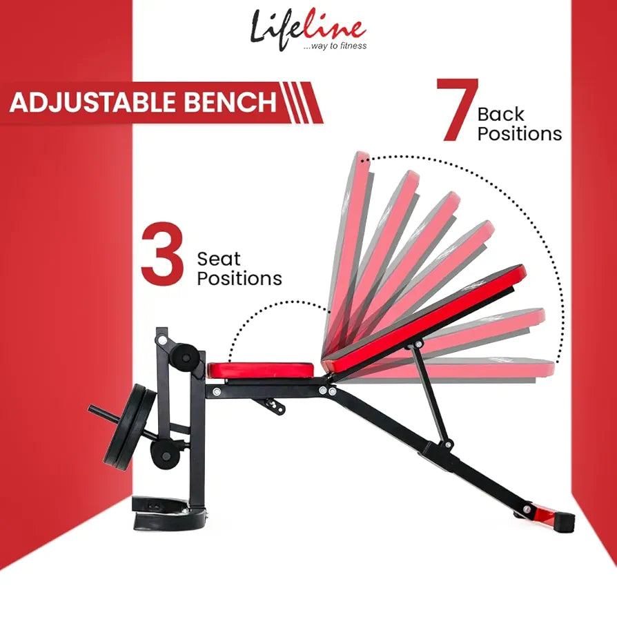 LIFE LINE LB 320 Adjustable Incline, Decline, Flat Weight Bench With Leg Extension for Full Body Workout |7 Backrest & 3 Seat Adjustable Positions | Gym Bench Press | Free Assistance for Installation