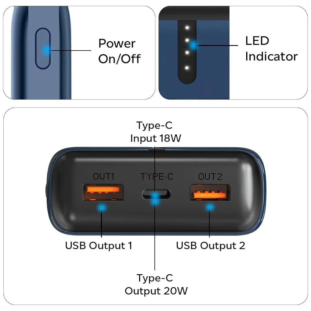 pTron Dynamo Surge 20000mAh 22.5W Fast Charging Power Bank, Supports VOOC/Wrap/Dash USB Charging, 20W PD Fast Charging, 3 Outputs, 1 Input & Multiple Layers of Protection,USB Type-C Input