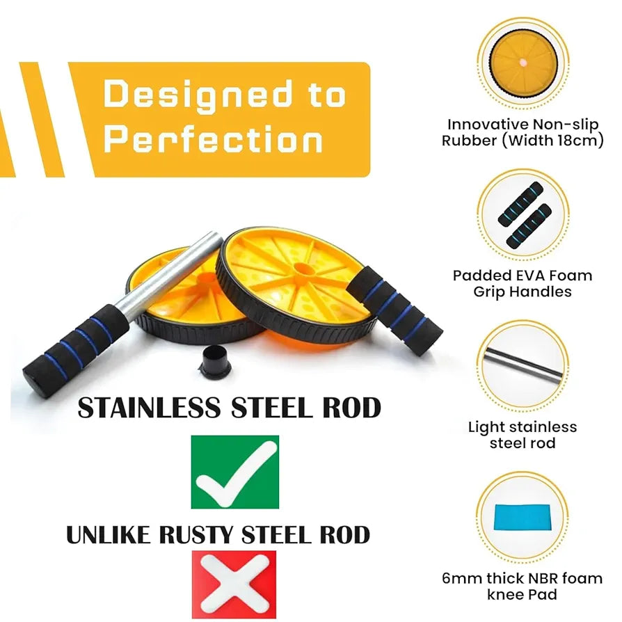 PRO365 Abs Roller | Ab Wheel With Anti Rust S.Steel Rod | Home Gym Equipment Abs Workouts 100 Kgs | Core Workouts | 6MM Safe Knee Mat | Lifetime Brand Warranty |