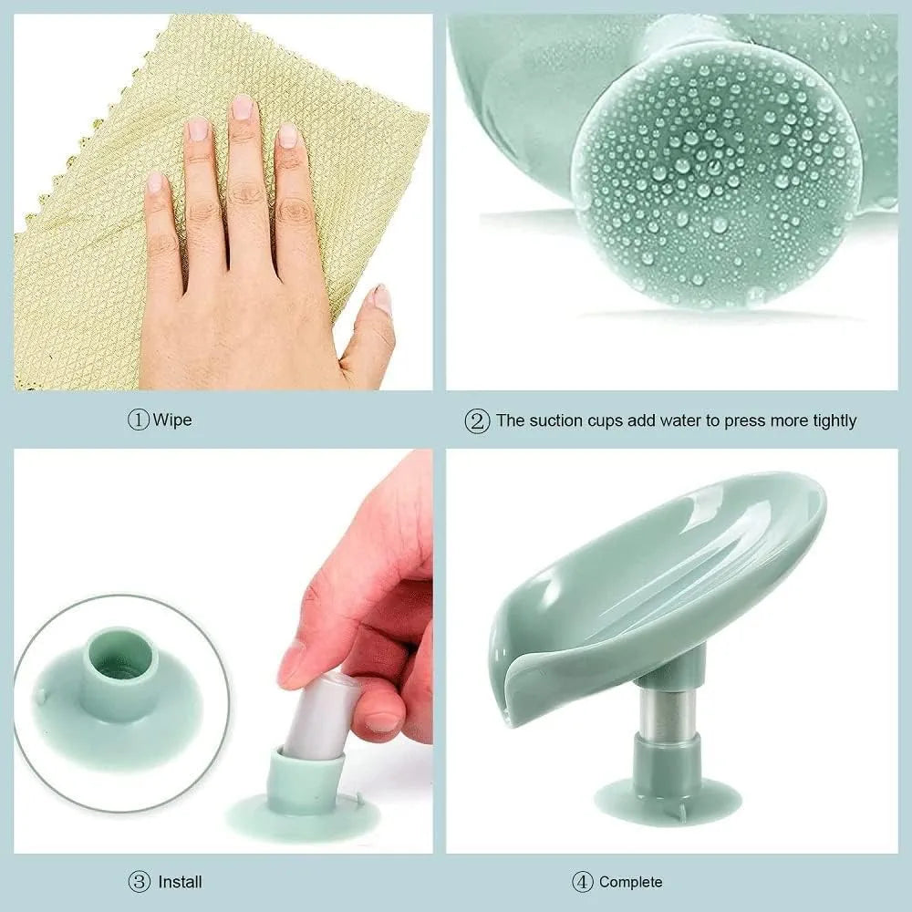 Six Sigma Leaf-Shape Self Draining Soap Dish Holder, Easy Clean Soap Dish for Shower with Suction Cup Creative soap Box, for Bathroom, Kitchen, Bathtub, Wash basins