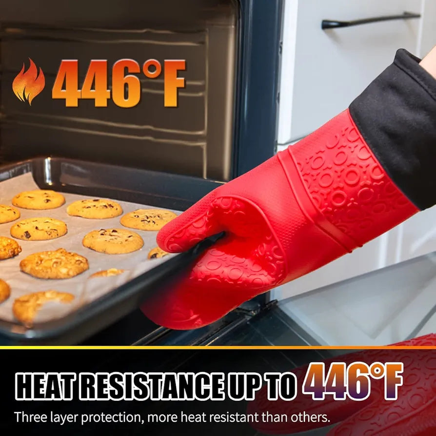 THW® Professional Large Silicone Oven Gloves Heat Proof,Kitchen Oven Mittens for Baking Heat Resistant Oven Mitts Cotton Quilted Silicone Gloves for Oven, Red