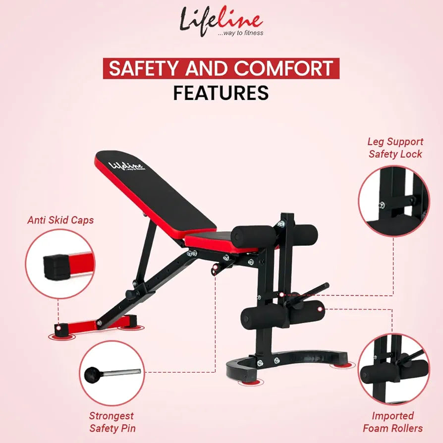 LIFE LINE LB 320 Adjustable Incline, Decline, Flat Weight Bench With Leg Extension for Full Body Workout |7 Backrest & 3 Seat Adjustable Positions | Gym Bench Press | Free Assistance for Installation