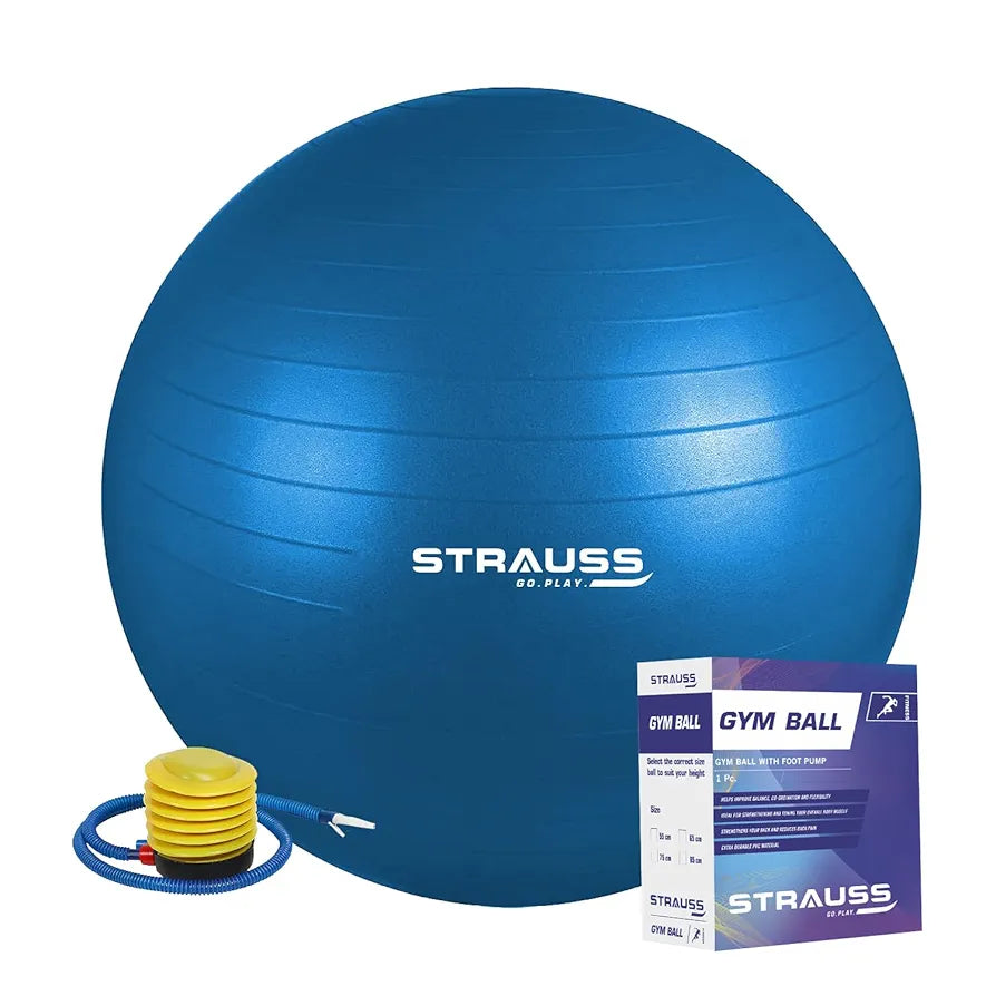 STRAUSS Anti-Burst Rubber Gym Ball with Free Foot Pump | Round Shape Swiss Ball for Exercise, Workout, Yoga, Pregnancy, Birthing, Balance & Stability, 55 cm,