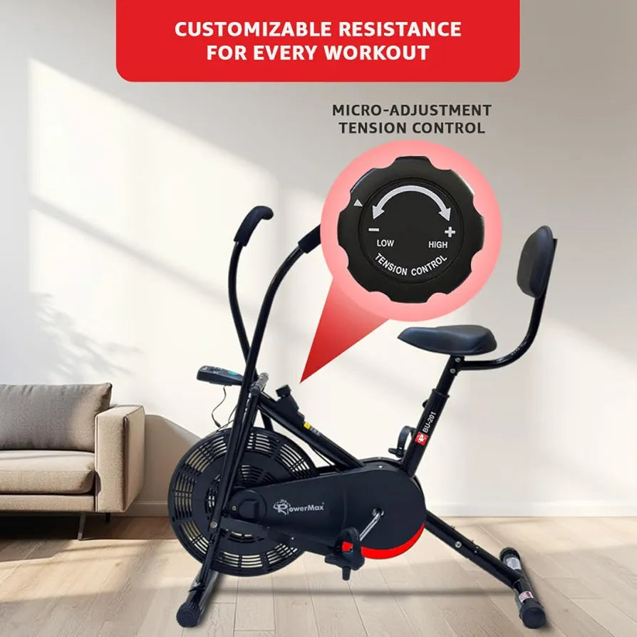 PowerMax Fitness BU-201 Dual Action Air Bike/Exercise Bike for Home |Gym Cycle for Workout With Adjustable Cushioned Seat | Non-Slip Pedals | Moving Handles Black Gym Bike, Max user weight 120 KG