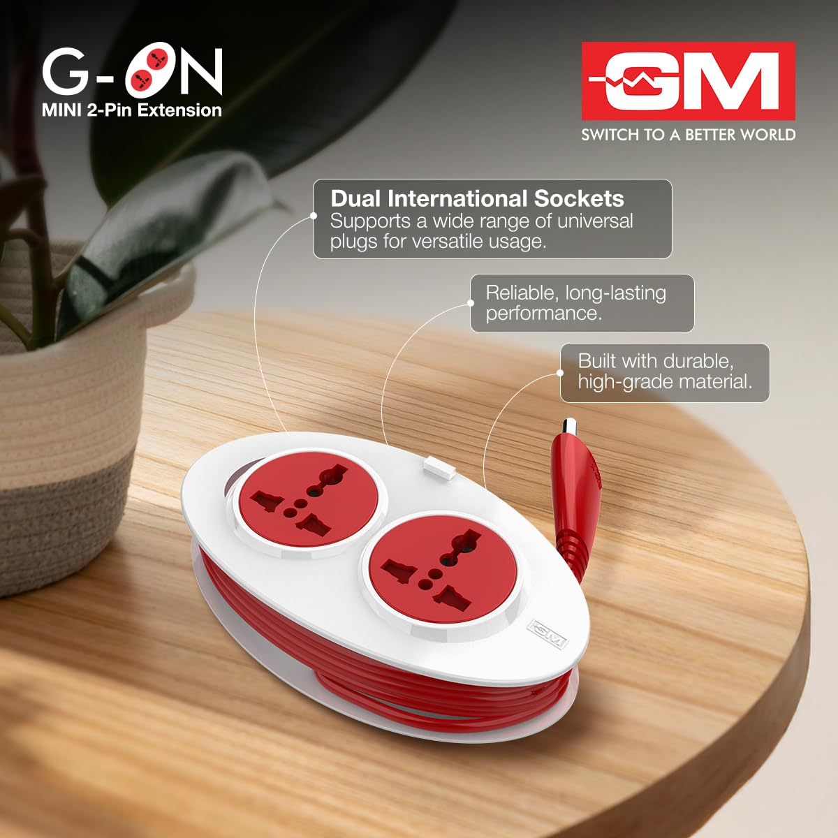 GM 3206 G-On Extension Board with 2 International Sockets | 2.5M Extension Cord | Dual-Tone Design | Child Safety Shutters | Compact & Travel-Friendly | 240V Power for Laptops, Phones & More