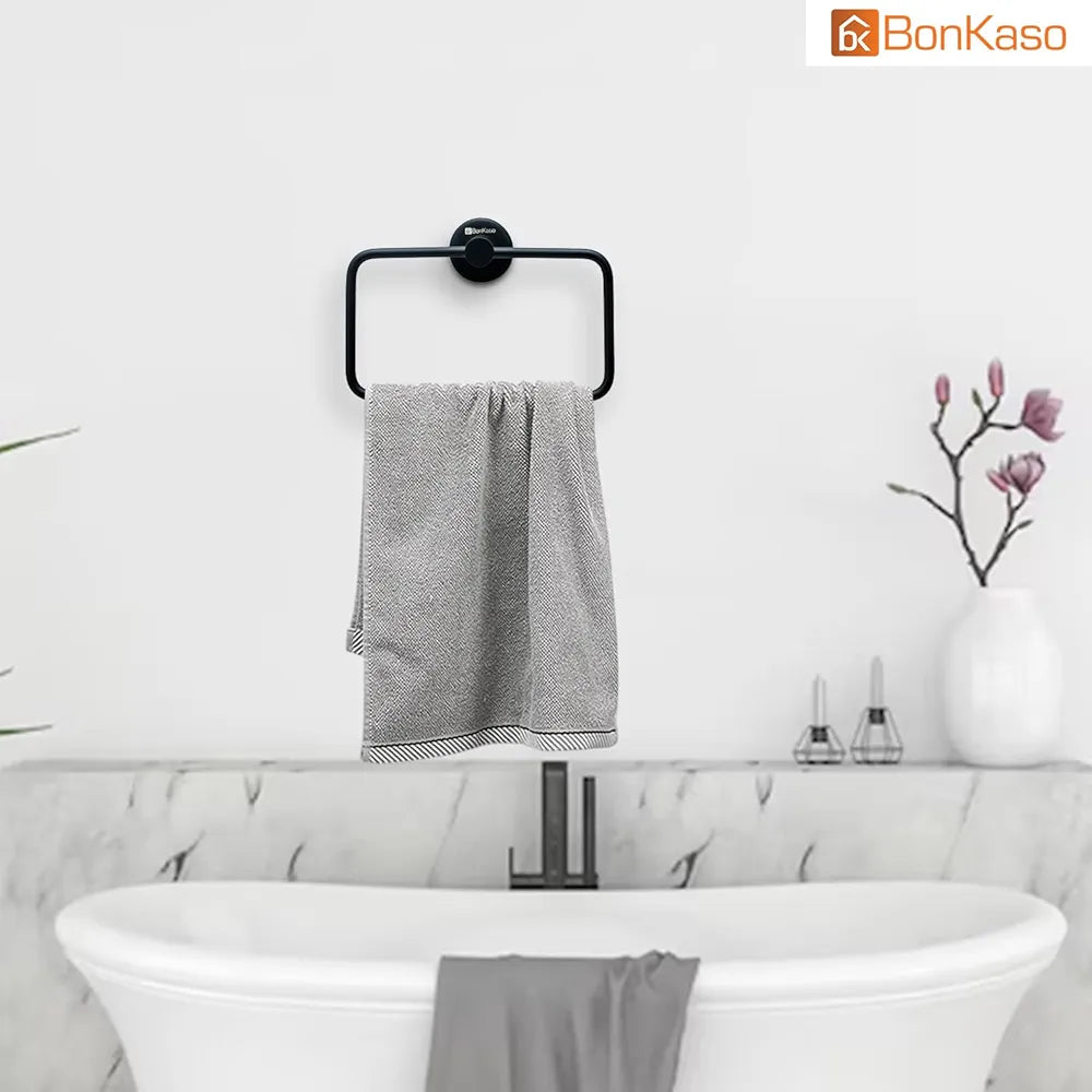 BonKaso 304 Stainless Steel Square Towel Ring – Rustproof Wall Mounted Napkin & Hand Towel Holder for Bathroom, Kitchen & Wash Basin | Space-Saving Modern Design | Matte Black Finish