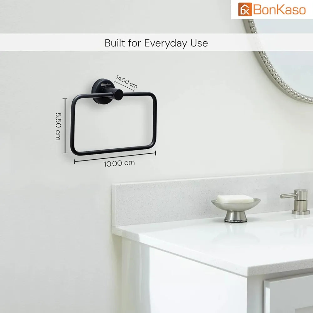 BonKaso 304 Stainless Steel Square Towel Ring – Rustproof Wall Mounted Napkin & Hand Towel Holder for Bathroom, Kitchen & Wash Basin | Space-Saving Modern Design | Matte Black Finish