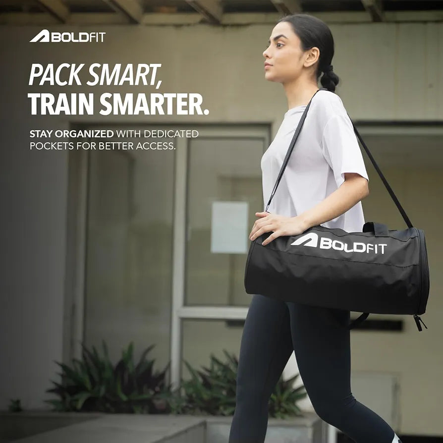Boldfit Gym Bags for Men with Separate Shoe Compartment Unisex Duffle Bag for Carry & Travel Adjustable for Shoes Towel Duffel Sports Bag for Women & Men 20L - Black Grey