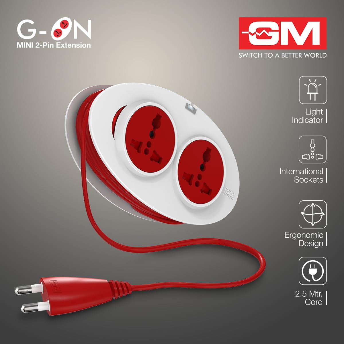 GM 3206 G-On Extension Board with 2 International Sockets | 2.5M Extension Cord | Dual-Tone Design | Child Safety Shutters | Compact & Travel-Friendly | 240V Power for Laptops, Phones & More