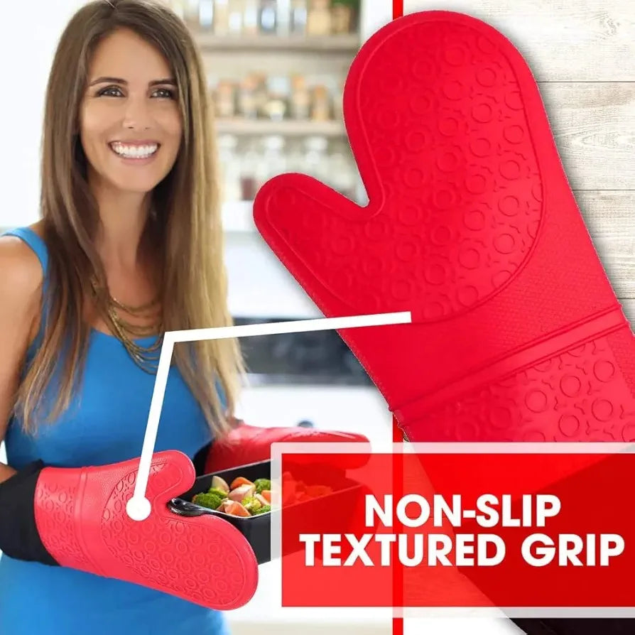 THW® Professional Large Silicone Oven Gloves Heat Proof,Kitchen Oven Mittens for Baking Heat Resistant Oven Mitts Cotton Quilted Silicone Gloves for Oven, Red