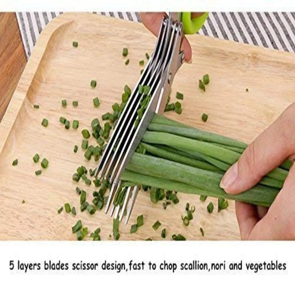 Stainless Steel 5-Blade Herb Scissors – Multi-Layer Coriander & Vegetable Cutter with Cleaning Brush for Quick and Easy Herb and Spice Chopping