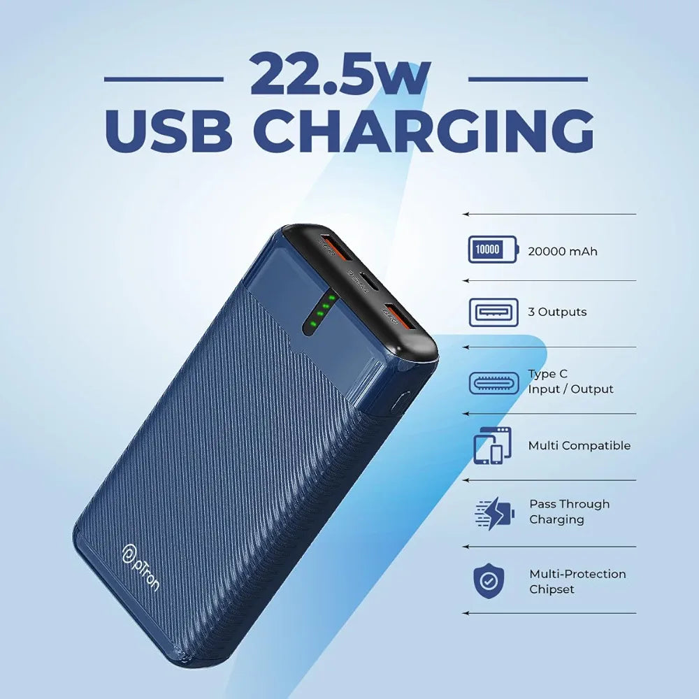 pTron Dynamo Surge 20000mAh 22.5W Fast Charging Power Bank, Supports VOOC/Wrap/Dash USB Charging, 20W PD Fast Charging, 3 Outputs, 1 Input & Multiple Layers of Protection,USB Type-C Input