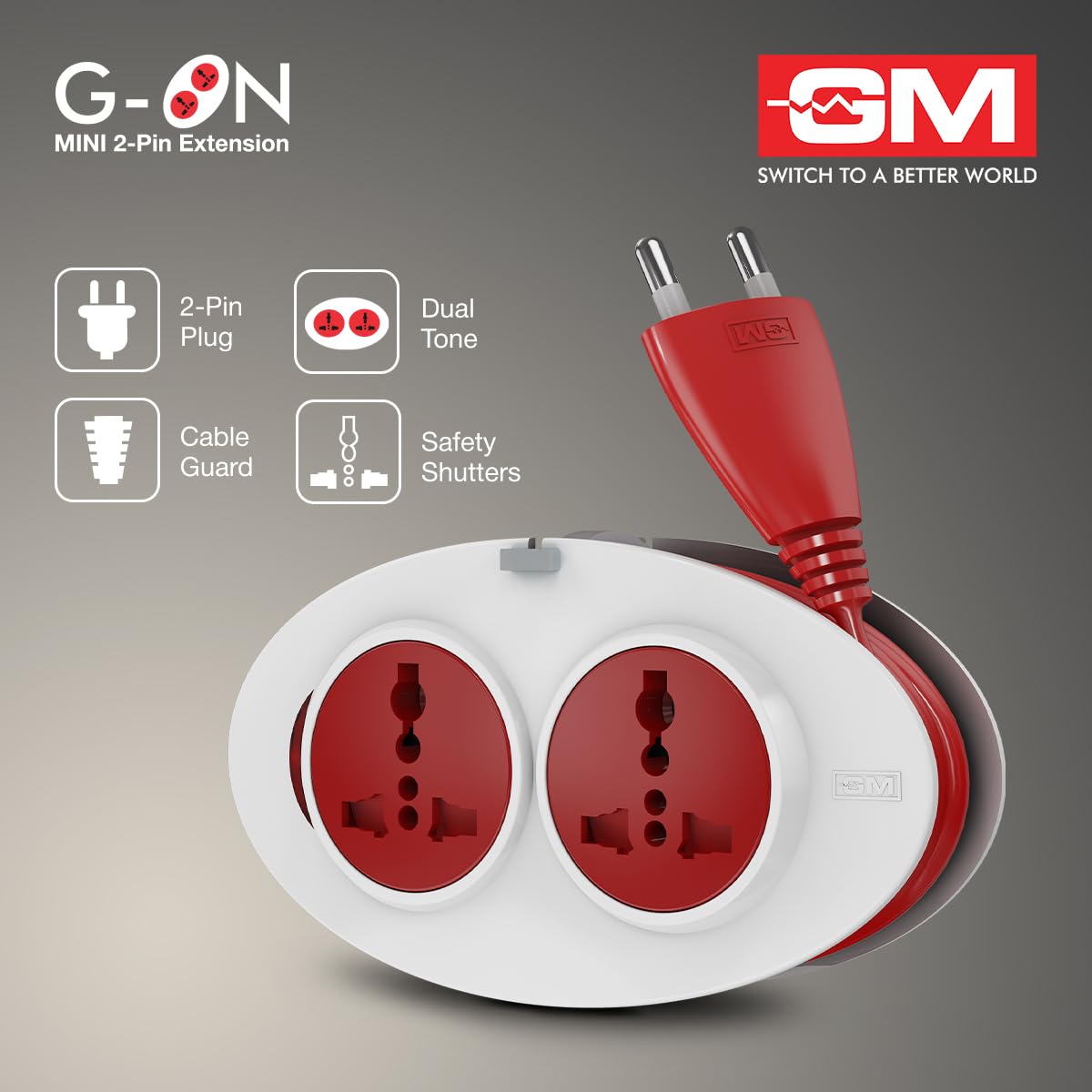 GM 3206 G-On Extension Board with 2 International Sockets | 2.5M Extension Cord | Dual-Tone Design | Child Safety Shutters | Compact & Travel-Friendly | 240V Power for Laptops, Phones & More