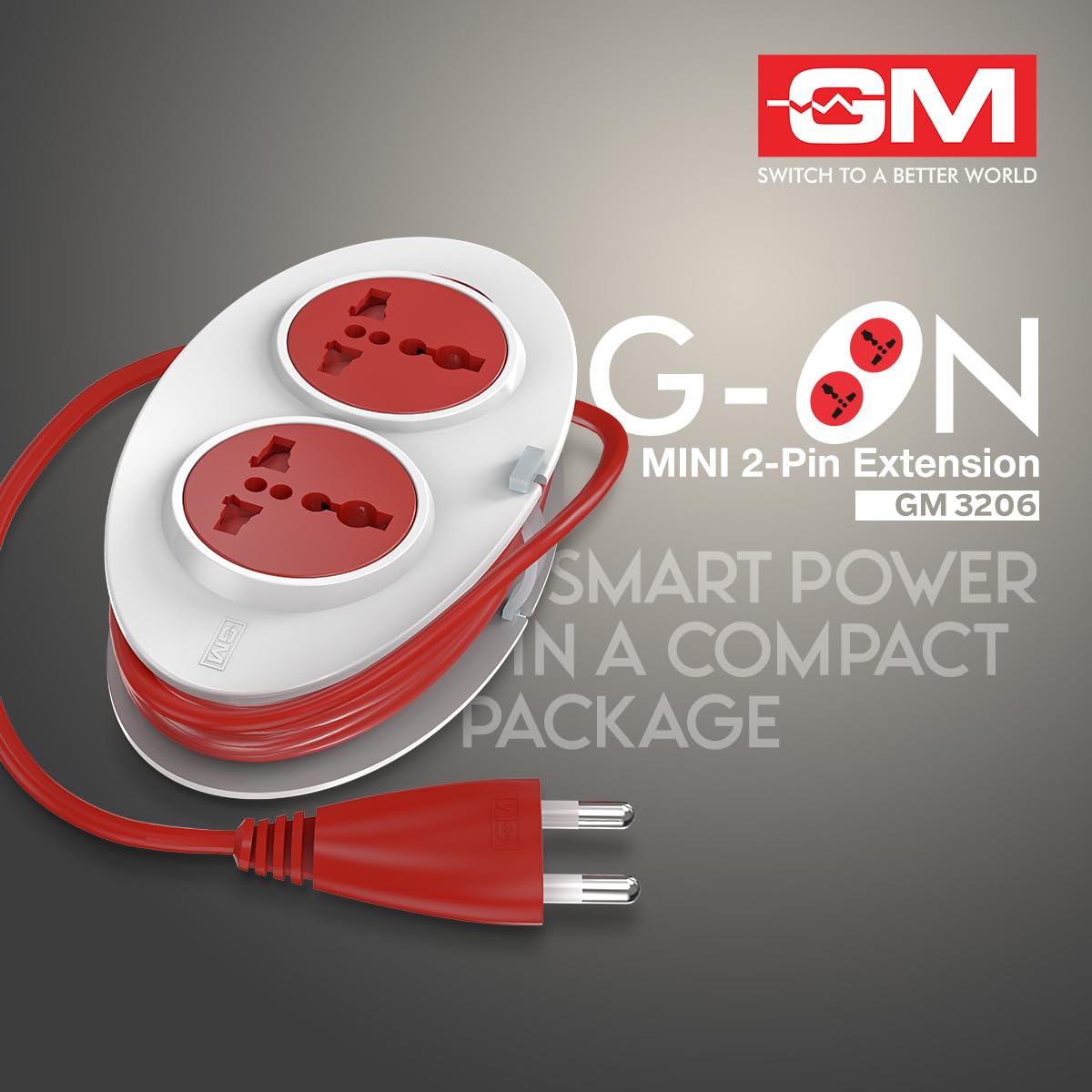 GM 3206 G-On Extension Board with 2 International Sockets | 2.5M Extension Cord | Dual-Tone Design | Child Safety Shutters | Compact & Travel-Friendly | 240V Power for Laptops, Phones & More