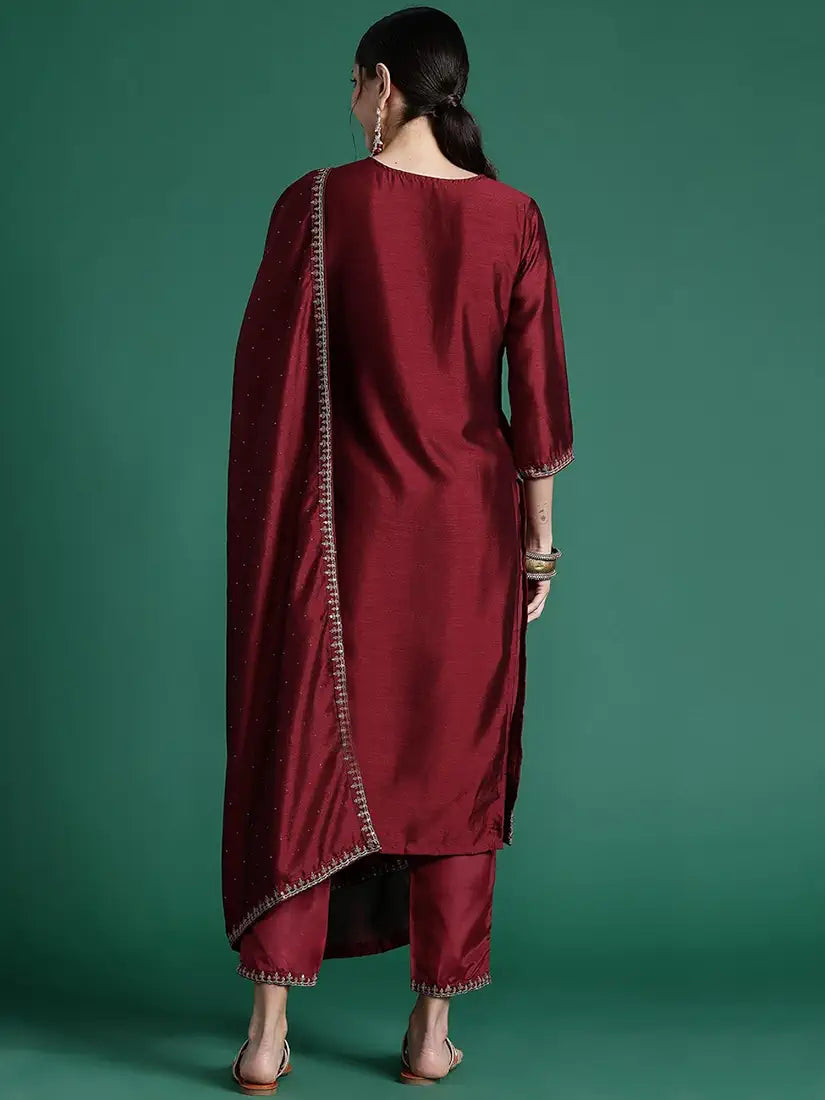 INDO ERA Women's Embroidered Silk Blend Straight Kurta Pant With Dupatta Set