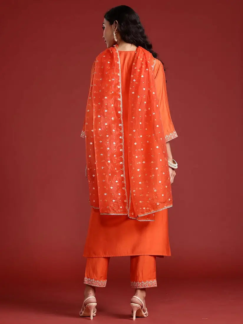 INDO ERA Women'S Embroidered Viscose Straight Kurta And Pant With Dupatta Set