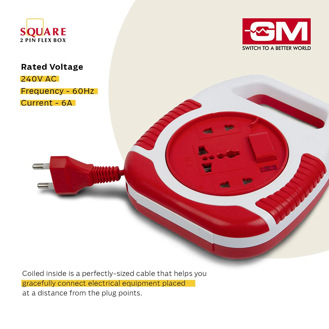 GM 3040 Square Flex Box – 3-Socket 2‑Pin Extension Cord with Handle, LED Indicator & International Socket (5 m, Polycarbonate)