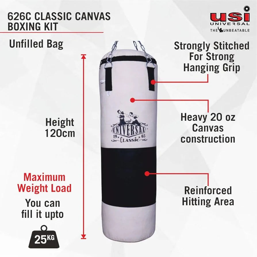 USI UNIVERSAL THE UNBEATABLE Boxing Punching Bag, 626C Classic Tough Canvas 4 Feet Un-Filled Boxing Bag, Punching Bag Without Chain for Kickboxing, Heavy 20oz Canvas Material, Reinforced Hitting Area