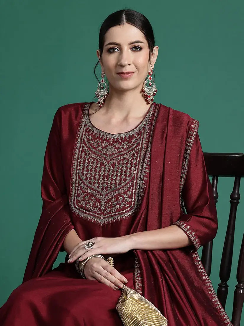 INDO ERA Women's Embroidered Silk Blend Straight Kurta Pant With Dupatta Set