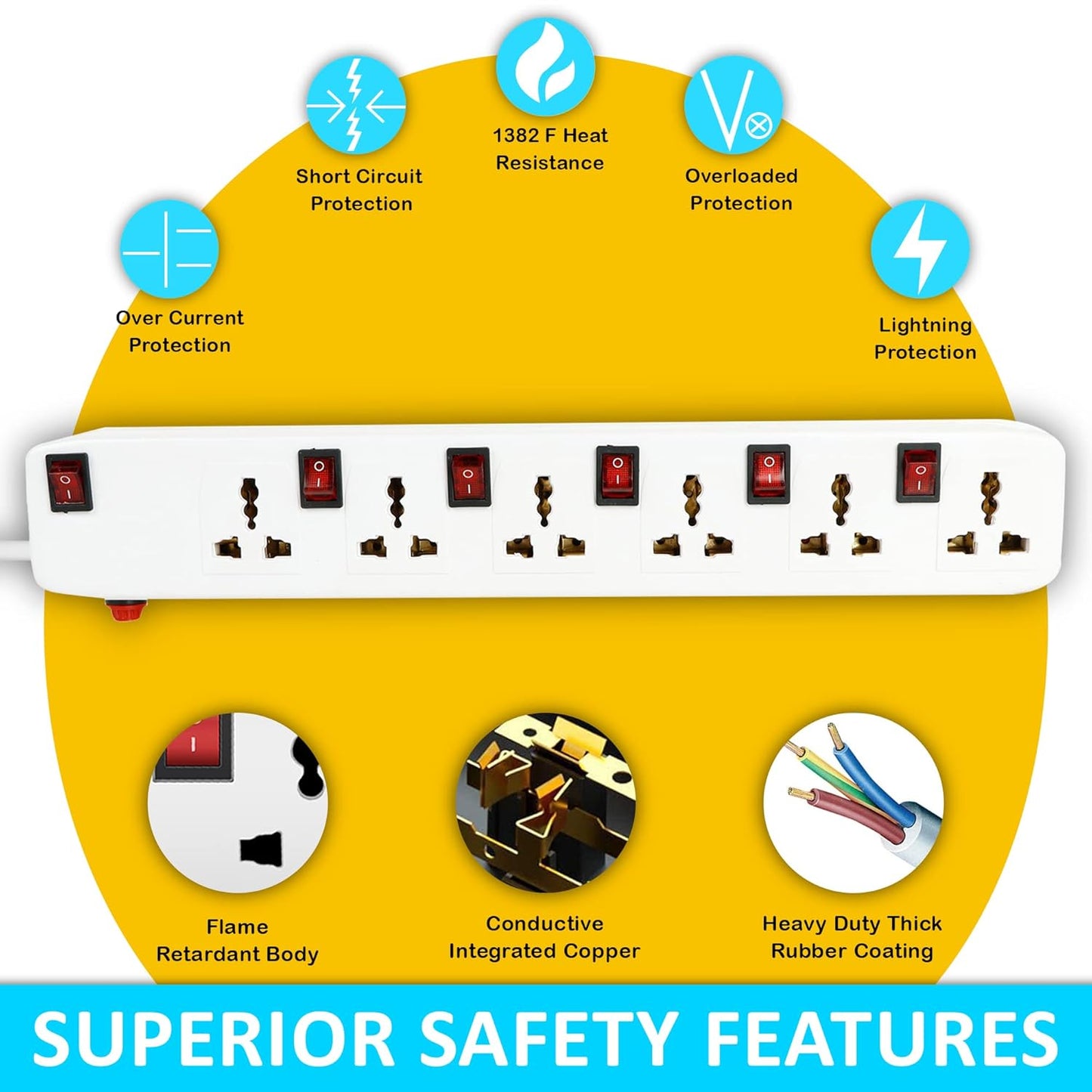 FEDUS 4 Meter Long Extension Board Extension Box|Spike Guard 6 Socket 6 Switch Junction Box With Switch,Extension Cords Cord,Spike Buster,Extension Board With Wire (6 Socket 6 Switch),240 Volts,White