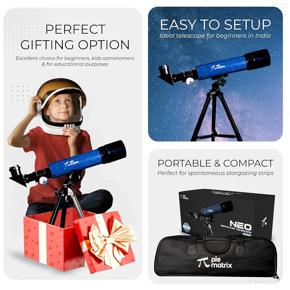 Pie Matrix Neo 50/360 HD Zoom Refractor Telescope – 90x Magnification, 360° Rotating Tripod, Clear Views of Moon & Wildlife, Lightweight Travel Bag – Ideal for Beginners & Stargazers.