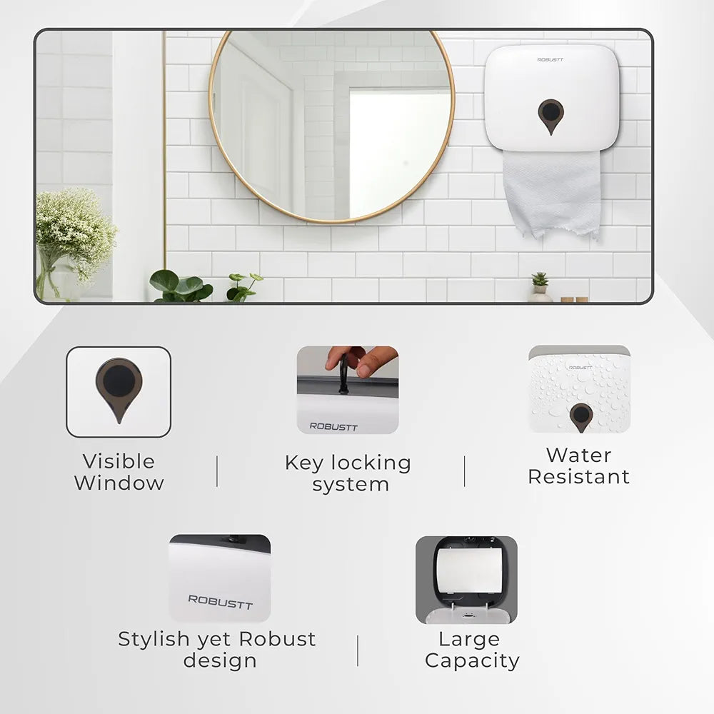 Robustt Wall-Mounted V/N/M Fold Paper Hand Tissue Dispenser - White | High Capacity | Durable ABS Material | Water-Resistant | Key Locking System