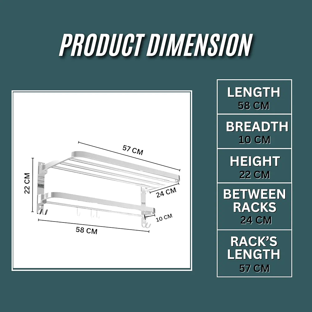 GLOXY Stainless Steel Folding 24 Inches Large Towel Rack for Bathroom/Towel Stand for Bathroom Accessories Set and Fittings Optimal Storage, with Sleek Chrome Finish