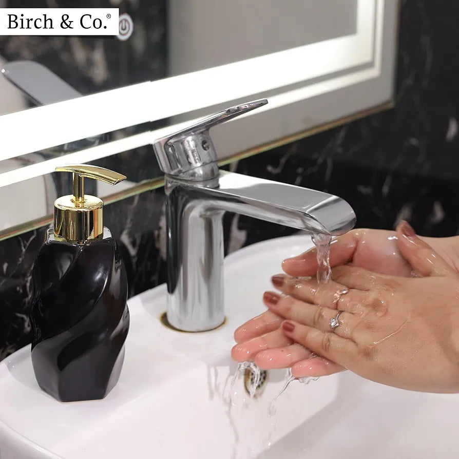 Birch & Co. Ceramic Soap Dispenser For Wash Basin - Handwash Dispenser Bottle - Leak-Proof Design With Silver Glossy BPA-Free Pump, Modern, Black,Soapdispenser_Modern_Black