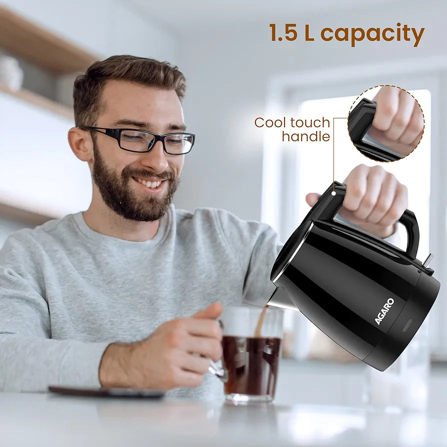 AGARO Royal Double Layered Kettle, 1.5 Litres, Double Layered Body, Cool Touch Handle, Dry Boiling Protection, Stainless Steel Inside Body, 1500W, Black