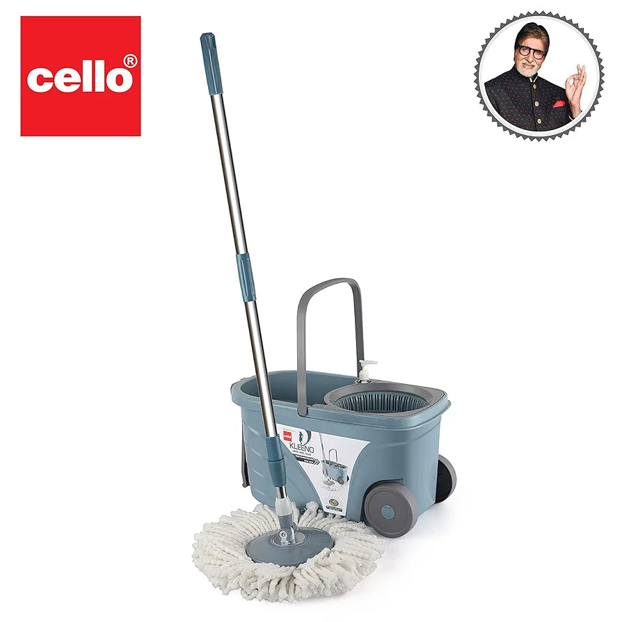 Kleeno by Cello Max Stainless Steel Wringer Spin Mop with Big Wheels, Grey | 360° Flexible Mop with 1 Microfiber Refill & Liquid Dispenser | Easy to Assemble| Durable & Long-Lasting for Home & Office