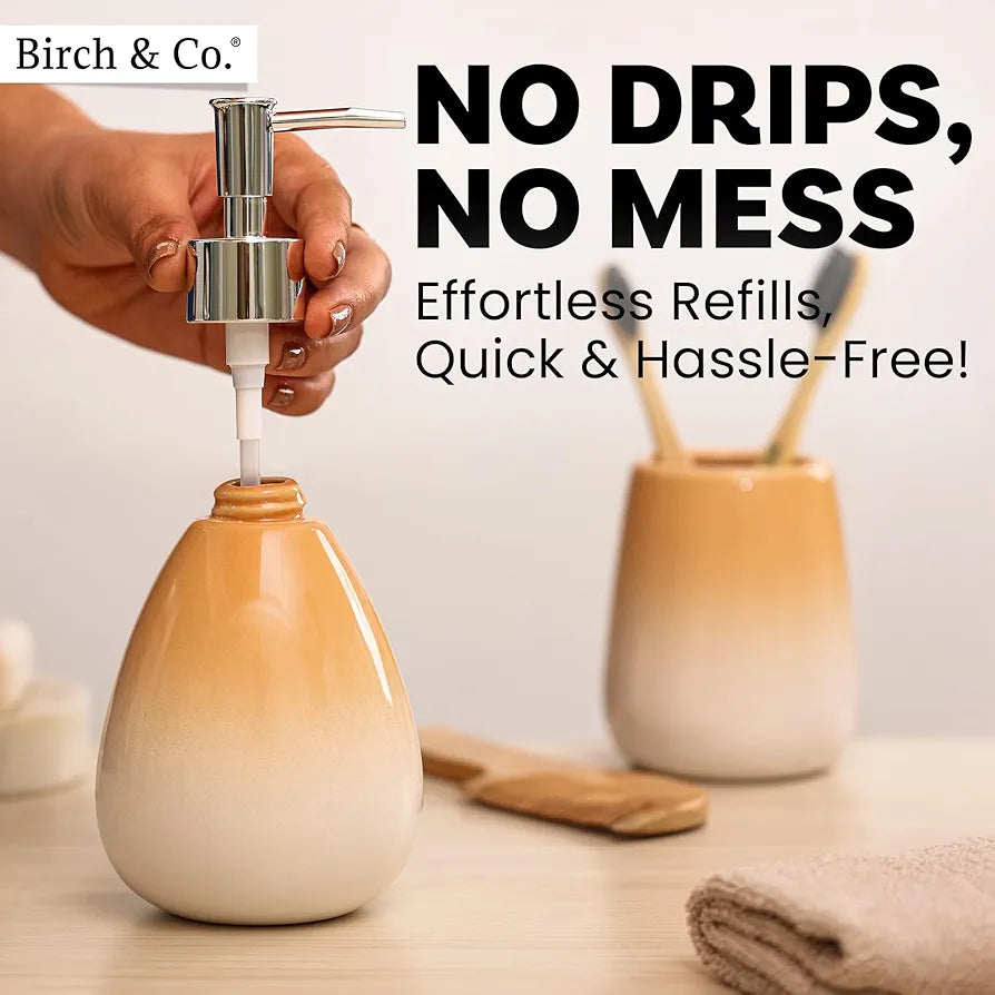 Birch & Co. Ceramic Soap Dispenser For Wash Basin - Handwash Dispenser Bottle - Leak-Proof Design With Silver Glossy BPA-Free Pump, Omra, Peach,Soapdispenser_Omra_Peach